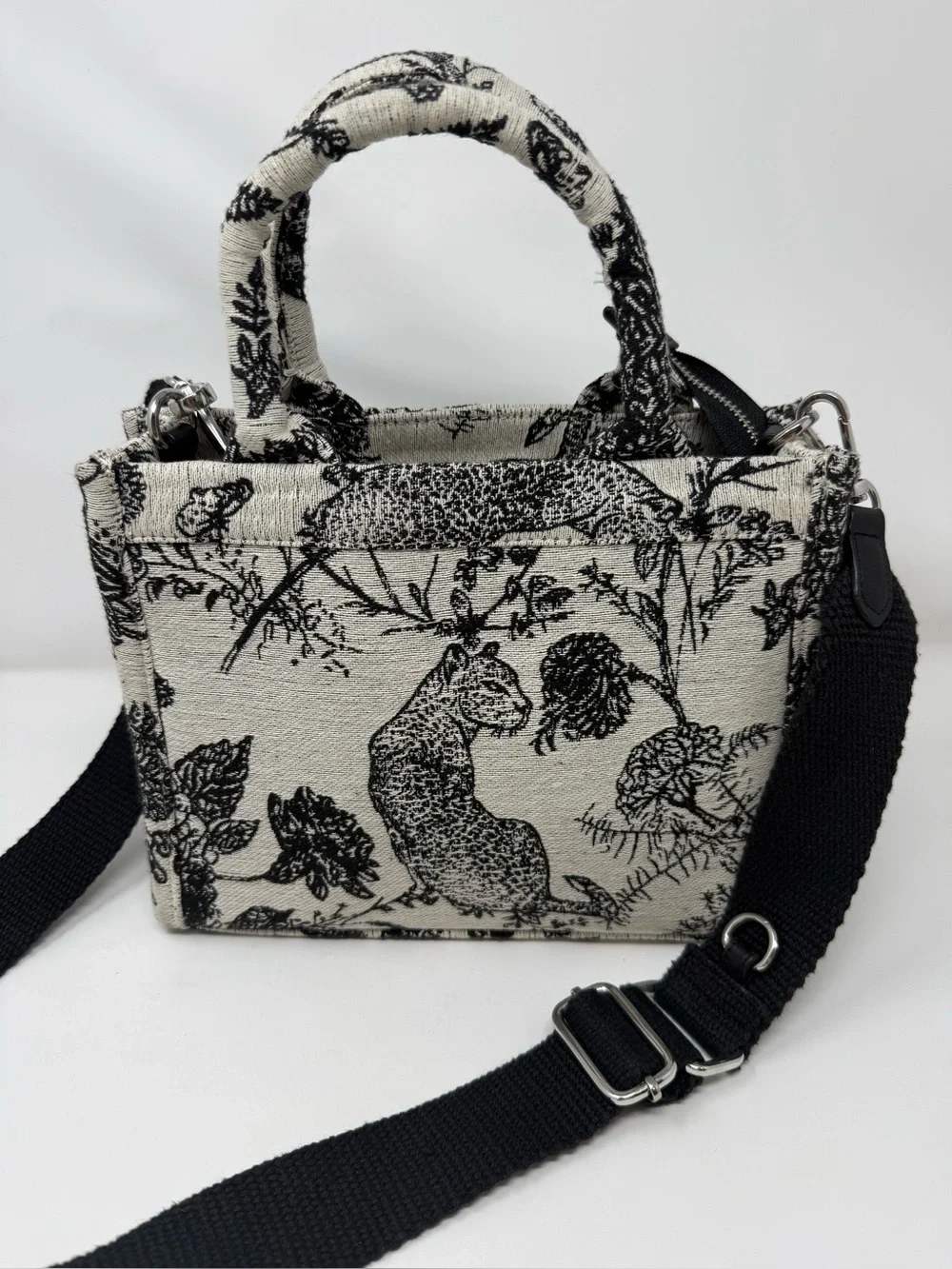 Black & Cream Printed Mini Tote Crossbody Bag with Detachable Strap